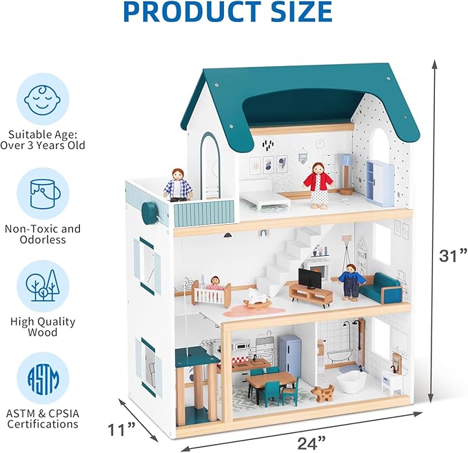 Wooden Dollhouse with Liftable Elevator - 2.6 Feet High Modern Doll House for Kids Toddlers - Including 21 Furniture Pieces, 4 Family Dolls, and 1 pet
