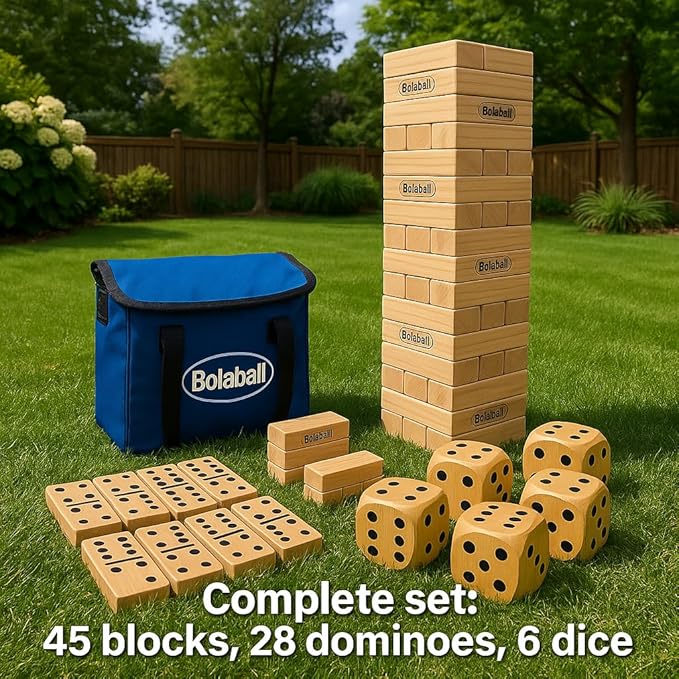 Outdoor Game Set Including 45 Giant Tumbling Blocks, 28 Giant Dominoes, and 6 Giant Dice, Giant Outdoor Games for Family Fun, Set of 3, Classic Block Giant Outdoor Game for Adults