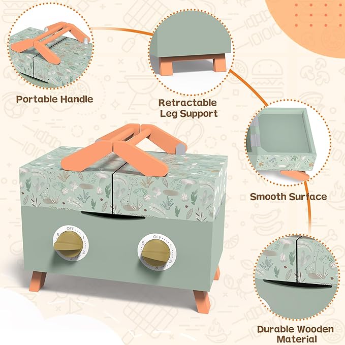 Wooden Kids Grill Playset, Barbecue Kitchen Toy Set for Kid Cooking, BBQ Grill Play Set with Sound Simulation Outdoor Camping Cooking Toys Birthday Gift for Boys Girls