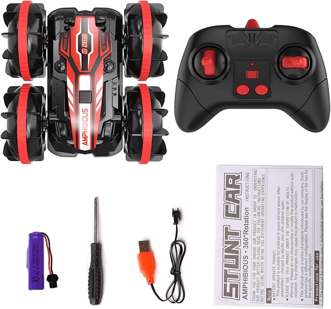 qida Toys for 6-12 Year Old Boys Amphibious Remote Control Car for Kids 2.4 Ghz RC Boat 4WD Waterproof Monster Truck Outdoor RC Vehicle Off Road Stunt Car Birthday Gift Water Beach Pool Toys(Red)