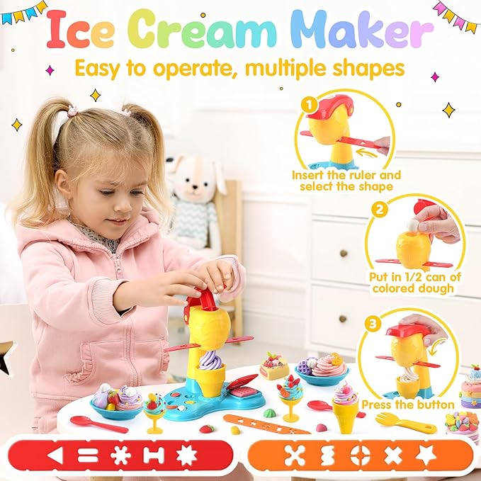 PLAY 2 in 1 Color Dough Kitchen Creations Set, Ice Cream Noodle Maker Color Dough Sets for Kids Ages 4-8, Play Kitchen Food Toys for Boys Girls Kids Toddlers Ages 3+, with 18 oz Multicolor Clay