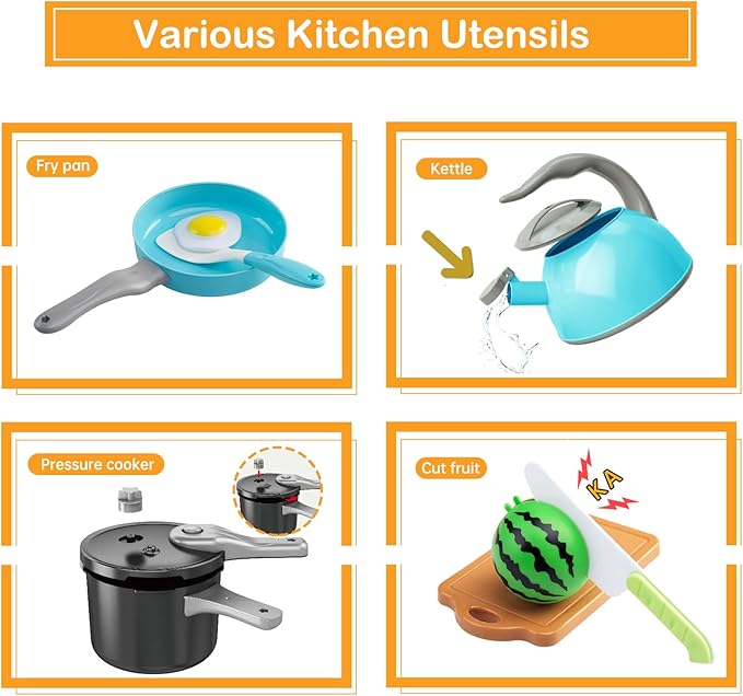 130Pcs Kitchen Playset, Toddler Pretend Cooking Play Pots, Pans, Utensils Cookware, Daily Food Fruit Veges, Shopping Storage Basket, Dessert, Prop Money, Learning Gift for Child (Turquoise)