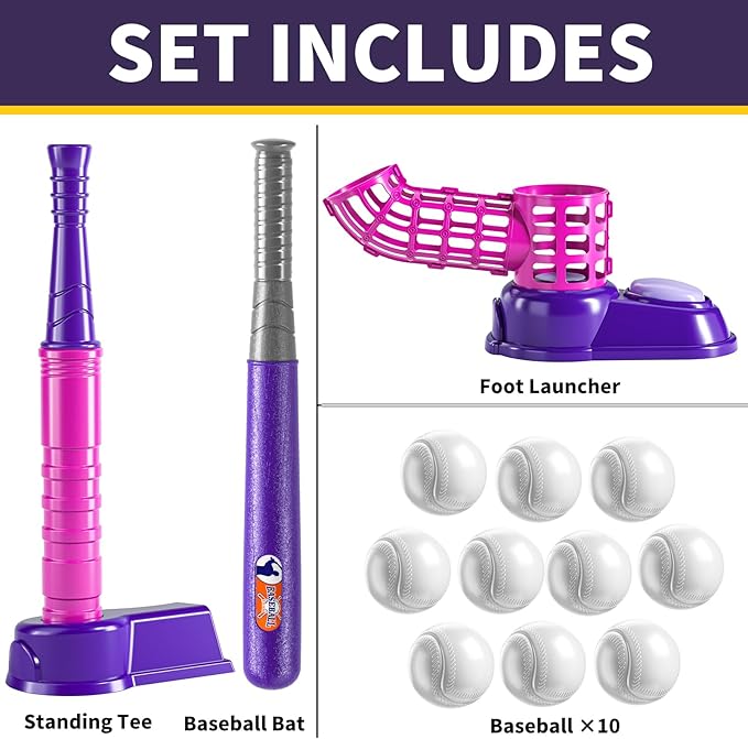 TEMI 2 in 1 Tee Ball Set for Kids 3-8, Kids Baseball T-Ball Set with 10 Balls, Step on Pitching Machine, Batting Tee, Outdoor Sport Toy Games for 3-12 Year Old Boys Girls Toddler