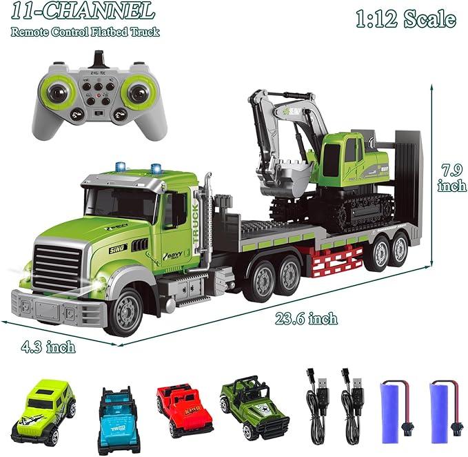 Fistone RC Semi-Trailer Truck & Excavator Toy Set, 1:12 Scale with Sound and Lights, 2.4Ghz Remote Control Flatbed Truck and Excavator Toys for Boys 6-12 Years Old