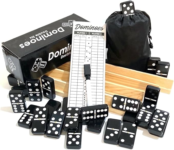 Double Six Dominoes Large Size Full Set Comes with Score pad & Pen 4 pcs Wooden Domino Racks and Black Dominos Bag Adults Kids Seniors Black Color (01)