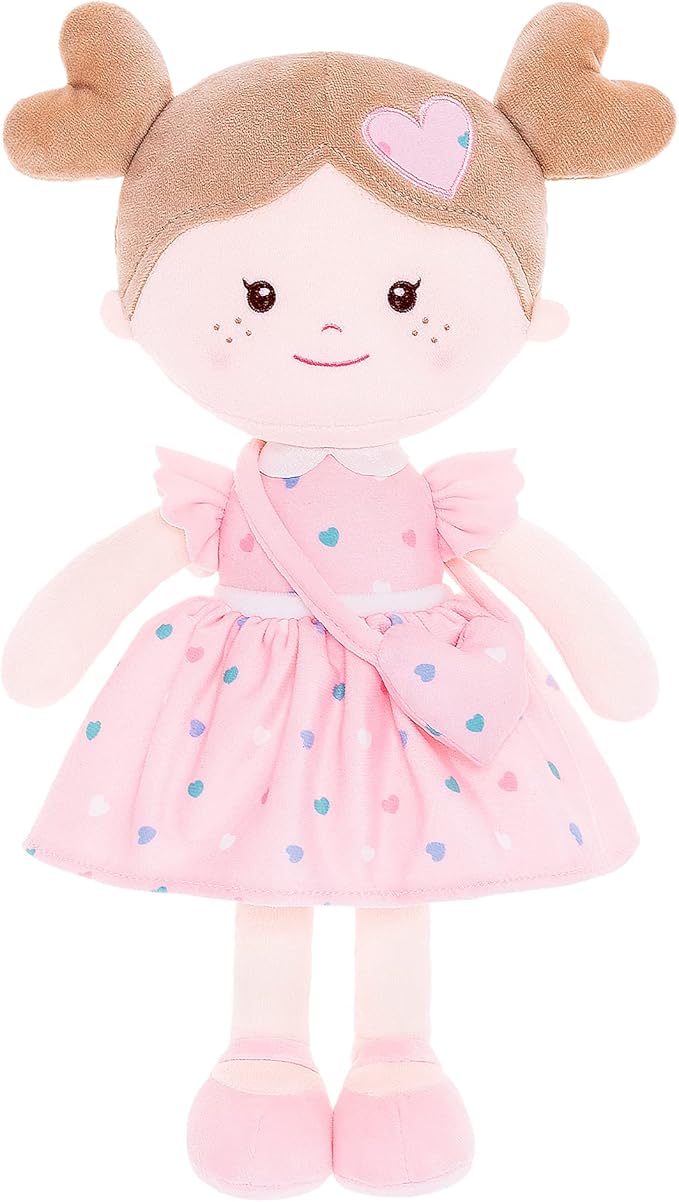 Onetoo First Baby Dolls Plush Rag Doll Soft Baby Toy Girls Sleeping Cuddle Buddy Doll Wear Pink Dress 14"