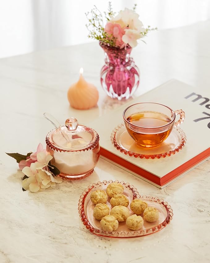 WOLFF - Pearl Crystal Beaded Sugar Bowl with Lid and Spoon - Sugar Holder, Dish for Candy Dispenser, Jelly Jar (Pink, Sugar Bowl)