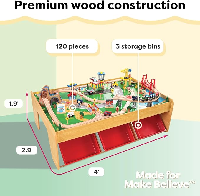 KidKraft Waterfall Mountain Wooden Train Set & Table with 120 Pieces, 3 Storage Bins