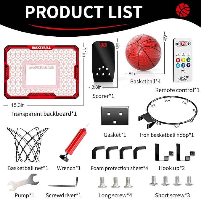 Indoor Basketball Hoop for Kids Boys, Mini Basketball Hoop Indoor Sets Toys with RC 7-Color LED Light, 4 Balls & Scoreboard, Birthday Toys Gifts for 3 4 5 6 7 8 9 10 11 12+ Year Old Boys