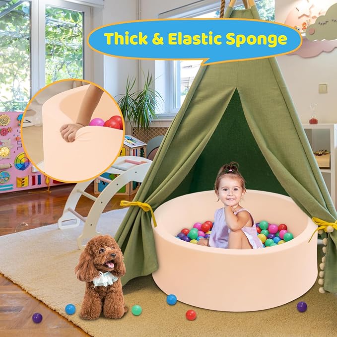 Baby Ball Pit 35.4" Soft Round Memory Foam Ball Pits NOT Included Balls Indoor Outdoor Playpen for Babies Toddlers Kids Great Gift for Girls Boys, Beige