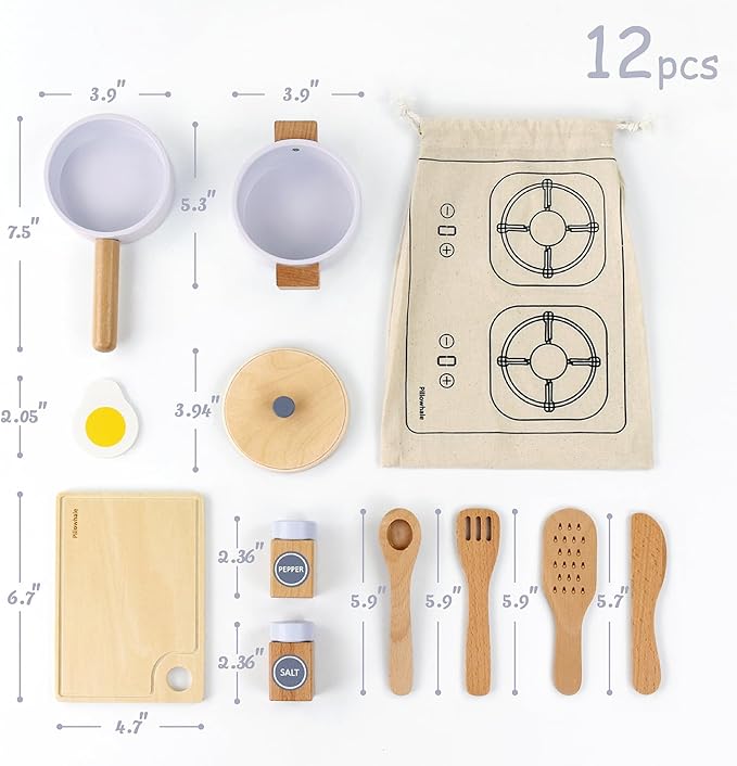 Wooden Toy Pots and Pans Cookware Playset for Kids Kitchen,Toddler Cooking Set,Pretend Play Kitchen Accessories for Toddlers Boys Girls Ages 3+