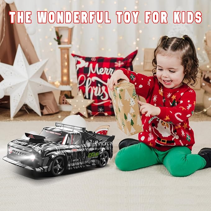 Scale RC Drift Car, 2.4Ghz 4WD RC Race Car with Gyro, LED, 2 Rechargeable Batteries - Hobby RC Cars for Boys