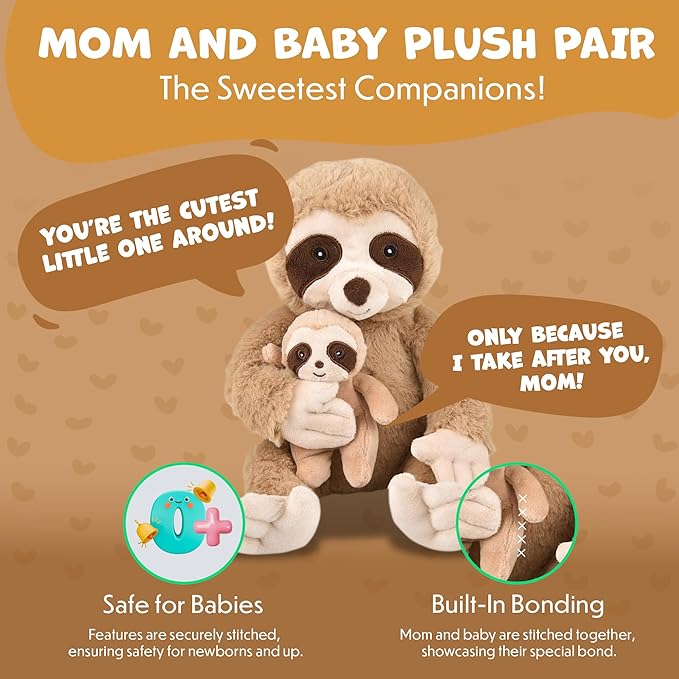 Mom and Baby Stuffed Animals for Boys & Girls, Safari Baby Shower Decorations, Nursery Decor, Zoo Animals for Toddlers, Quality Realistic Toys for Kids, Cute, Soft, Huggable, Squeezable (9.5" Sloth)
