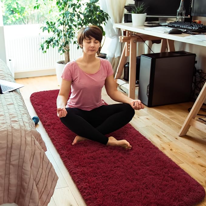 Amearea Shag Fluffy Runner Rug for Bedroom Girls Living Room, 2x6 Feet Extra Soft and Fuzzy Shaggy Rugs, Non Slip, Indoor Floor Long Carpet Mat for Boys Nursery Home Decor, Wine Red