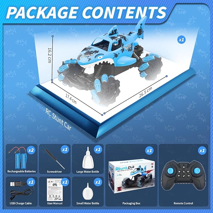 Ansee RC Cars for Kids, Shark Remote Control Car for Boys, 2.4GHz 360 Flips Rotating All Terrains RC Truck with Water Shooting, Sound & Spray Remote Control Truck Toys for Boys Girls Gifts (Blue)