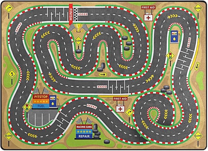 Kids Rug, Race Track Playmat Rugs - 5x7 Ft Kids Carpet with Rubber Backing, Start and Finish line Racing Track Marking Car or Karting Road Race 3D Play Mat Nursery Rugs for Children Bedroom Playroom
