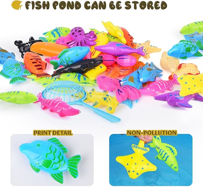 Magnetic Fishing Game - 36 Pcs Color Ocean Sea Animals Plastic Floating Fish with Pole Rod Net Storage Bag, Water Table Bathtub Game for Age 3 4 5 6 Year Kids Toddler, Bath Toys for Kids Ages 4-8