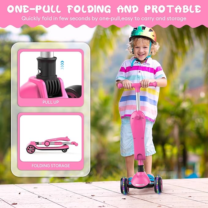 Kids Kick Scooter,Adjustable Height Handlebars and Removable Seat Scooters for Kids,3 Lighted Wheels Anti-Slip Deck Toddler Scooter for Boys & Girls Aged 3-12 up to 132 Lbs.