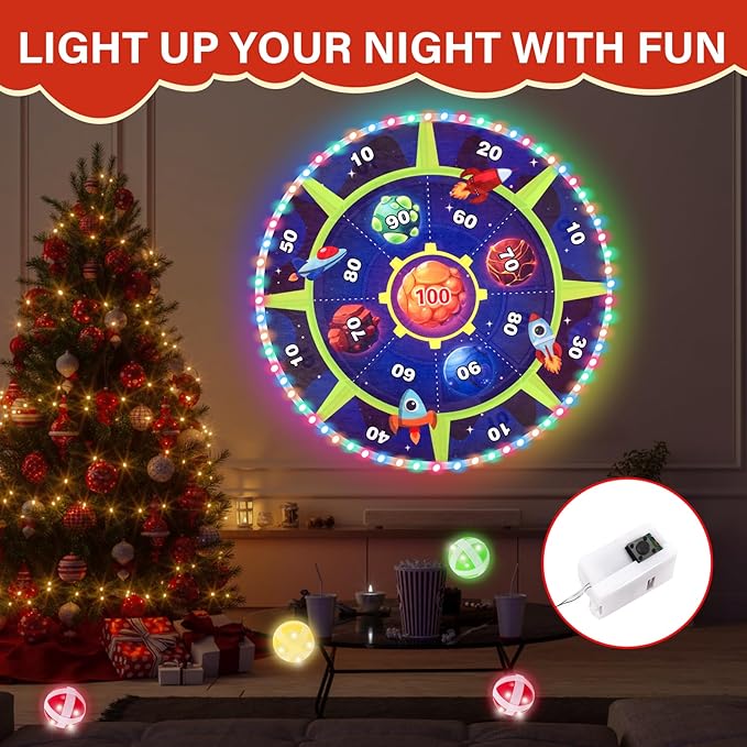 Double-Sided Light Up Dart Board Shooting Game for Kids, 29 Inches Standing & Hanging Toy Set with 2 Toy Guns 20 Soft Foam Bullets 6 Sticky Balls, Indoor Outdoor Games Fun for 3-5 Year Old Boys Girls