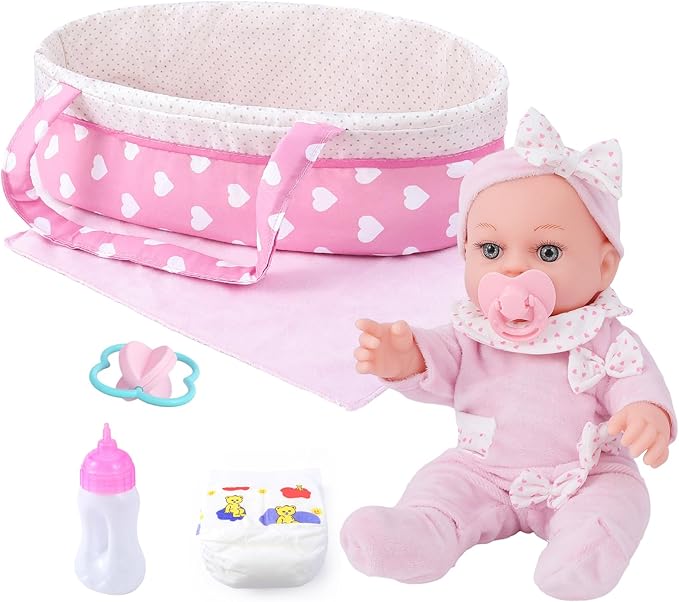 12 Inch Baby Doll Playset with Dolls Clothes and Accessories First Baby Dolls for Toddlers 3 Years and Up Includes Bassinet Bed, Blanket, Bottles, Nipple, Diaper, Toys