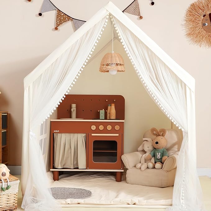 Monobeach Kids Tent Beige Play Tent with Long Mesh Curtain Large Playhouse for Indoor Outdoor Play Cottage Castle Toy for Girls Boys House Gift (Beige Kids Play Tent)