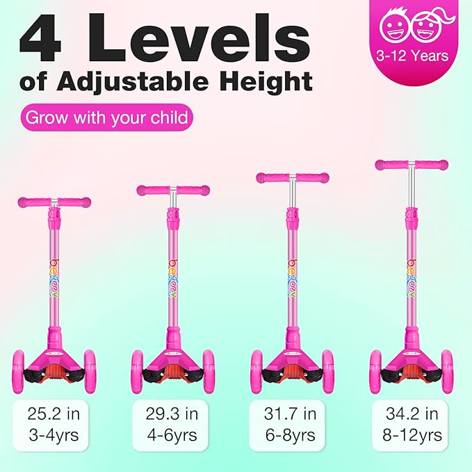 BELEEV A2 Scooters for Kids 3 Wheel Kick Scooter for Toddlers Girls Boys, 4 Adjustable Height, Lean to Steer, Light up Wheels, Extra-Wide Board, Easy to Assemble for Children Gift Sport Toys Ages 3-12