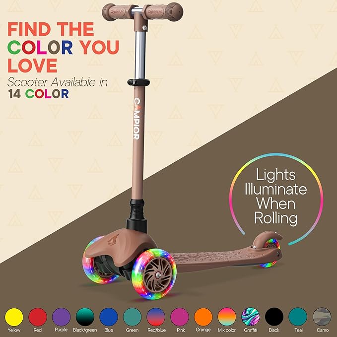 Brown Mini 3 Wheel Scooter for Kids – Lean-to-Steer with LED Light-Up Wheels, Adjustable Handlebar, Wide Anti-Slip Deck, Smooth PU Wheels, Rear Foot Brake – Toddler Scooter for Ages 2+