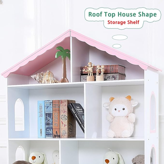 Wooden Dollhouse Bookshelf 4-Tier Children's Bookcase Display Storage Doll House Organizer Furniture for Kids Bedroom Playroom Nursery Kindergarten Gift for Boys Girls Ages 3-8 Years Old