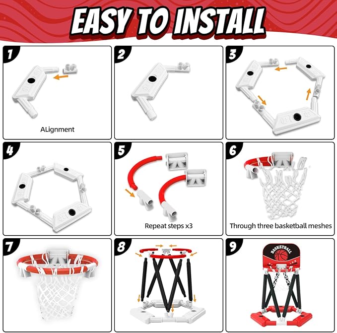 Pool Basketball Hoop Toys, Floating Basketball Hoop Pool Game with 4 Basketballs, Swimming Floats Toys with Balls Pump, Summer Outdoor Pool Water Play Toy for Kids and Adults (Red)