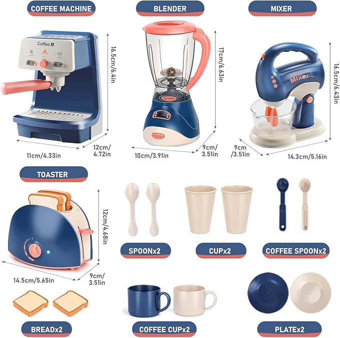 Kids Assorted Kitchen Appliance Play Toys Includes Coffee Maker ,Blender,Fruit Machine and Toaster ,Apron and Cups,with Realistic Lights& Sounds,Learning Gift for Toddlers Baby Girls Boys-Blue