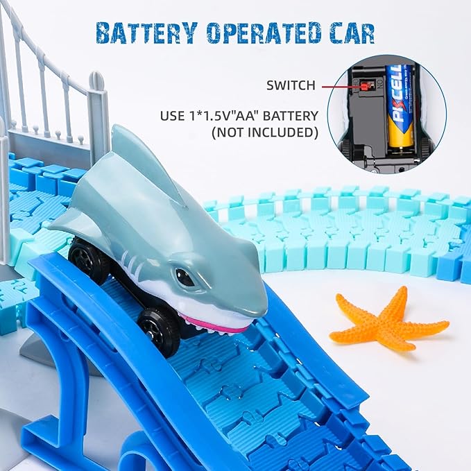 Shark Toys, Train Set 264 Pcs Shark Race Car for Boys Girls 3 4 5 6 7 Year, Bendable Flexible Racetrack Cars with Ball, Ocean Theme Track Toys, STEM Educational Playset, Birthday Gift for Boys Girls
