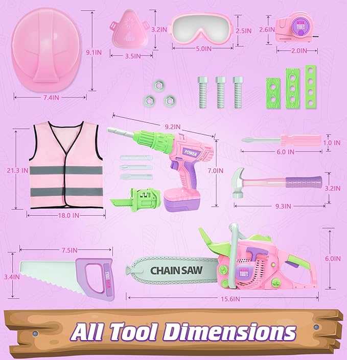 WishaLife Kids Tool Set for Girls - Toddler Tool Set with Toy Chainsaw, Drill, Pretend Play Construction Tools Toy Gift for Kids Age 3 4 5 6 7