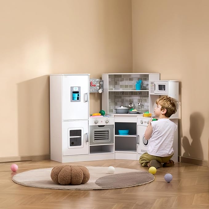 VEVOR Interactive Wooden Toy Play Kitchen Playset for Kids with Lights and Sounds, Corner Design with Ice Maker, Oven, Sink, Clock, Microwaves, Refrigerator and Accessories, for Girls & Boys, White