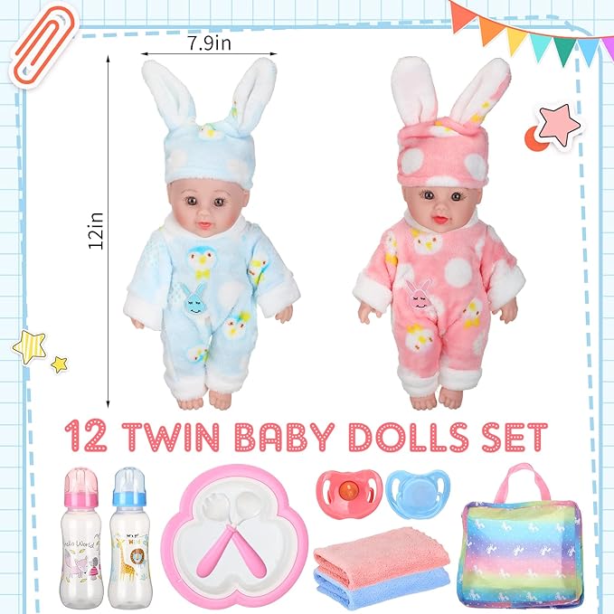 10 Pcs Realistic Twin Baby Dolls Toy Set Include 2 Pcs 12 Inch Baby Dolls, Feeding Set, Pacifiers, Doll Diapers, Bags, Milk Bottles Removable Outfit for Toddler Kids 6+ Gift(White)