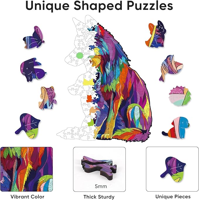Colorful Wolf Family 500 Pieces Wooden Jigsaw Puzzles for Adults with Unique Irregular Shape Fun Challenging Animal Puzzles for Kids and Couples Gift on Birthday,Children’s Day,Christmas 15"*19.6"