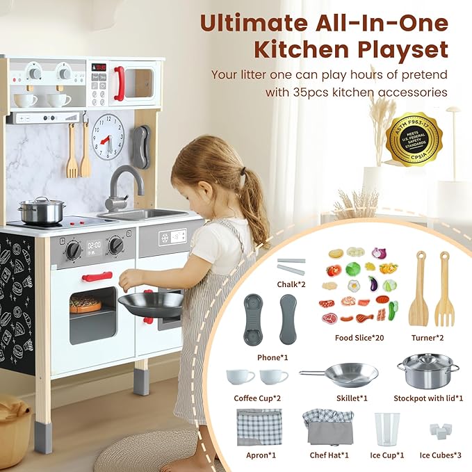 Play Kitchen Wooden Kids Kitchen Playset Pretending Toys for Toddlers with Real Lights & Sounds, 3 Heights Adjustable, Chalkboard, 35Pcs Toy Food & Cookware Accessories-Gray