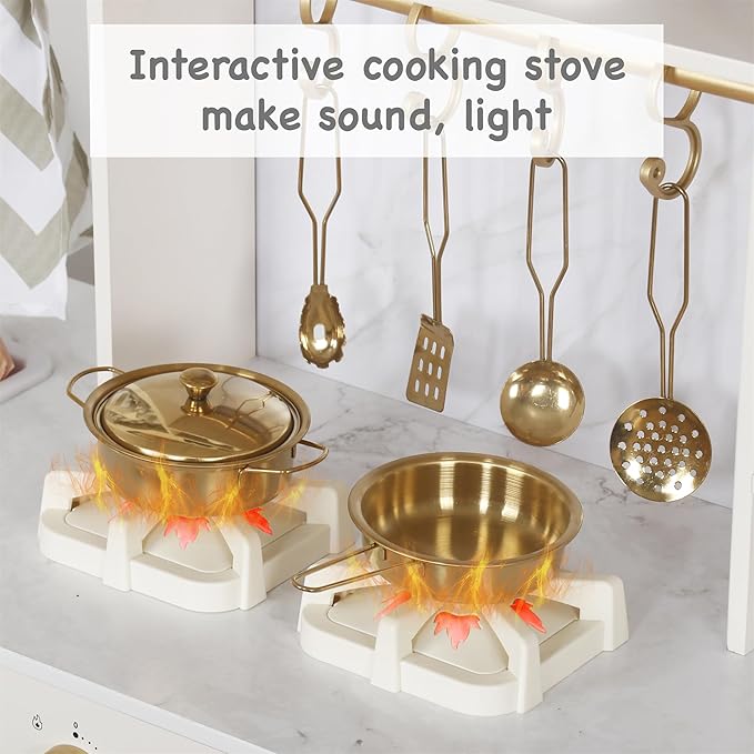 Wooden Play Kitchen Set with Ice Maker, Water Dispenser, Coffee Maker,Big Toddler Toy Kitchens Playset with Washing Machine,Sink with Running Water, Stove with Light&Sound,Gift for 3+boy Girl (White)