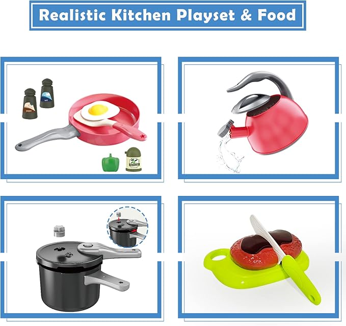 Bruvoalon 67Pcs Kids Play Kitchen Toys Set, Toddlers Pretend Cooking Playset Acccessories with Pots Pans, Utensils Cookware, Foods, Canned Veges, Learning Gift for Kids Girls Boys (Red)