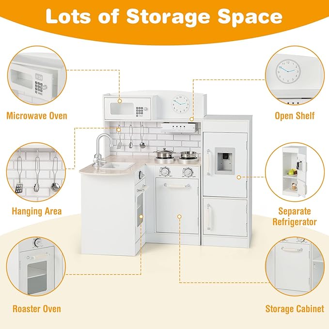 HONEY JOY Corner Kids Kitchen Playset, Little Chef Wooden Play Kitchen for Toddlers, Water Dispenser, Microwave, Range Hood, Refrigerator, Cookware, Modular Pretend Toy Kitchen Set w/Lights & Sounds