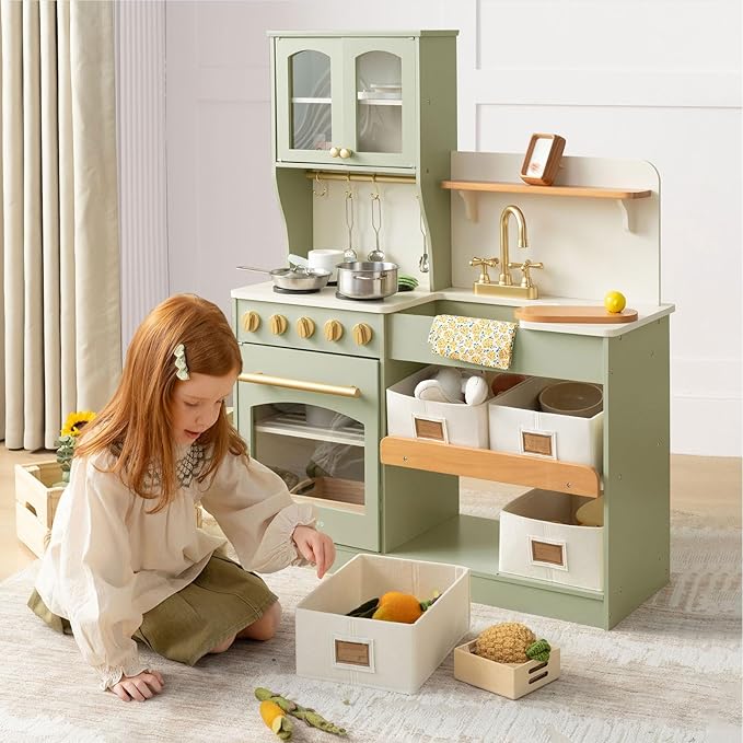 Tiny Land Play Kitchen for Kids with Storage System, Toy Kitchen Set with Plenty of Play Features Gift for Ages 3+