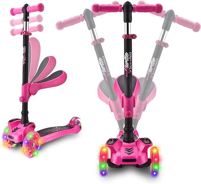 Hurtle 3-Wheeled Scooter for Kids - Wheel LED Lights, Adjustable Lean-to-Steer Handlebar, and Foldable Seat - Sit or Stand Ride with Brake for Boys and Girls Ages 1-14 Years Old