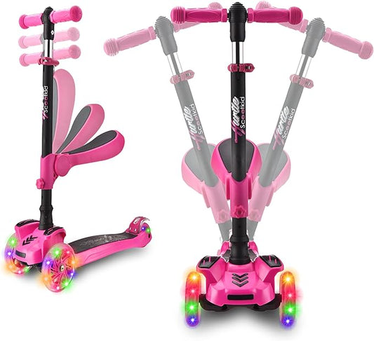 Hurtle 3-Wheeled Scooter for Kids - Wheel LED Lights, Adjustable Lean-to-Steer Handlebar, and Foldable Seat - Sit or Stand Ride with Brake for Boys and Girls Ages 1-14 Years Old