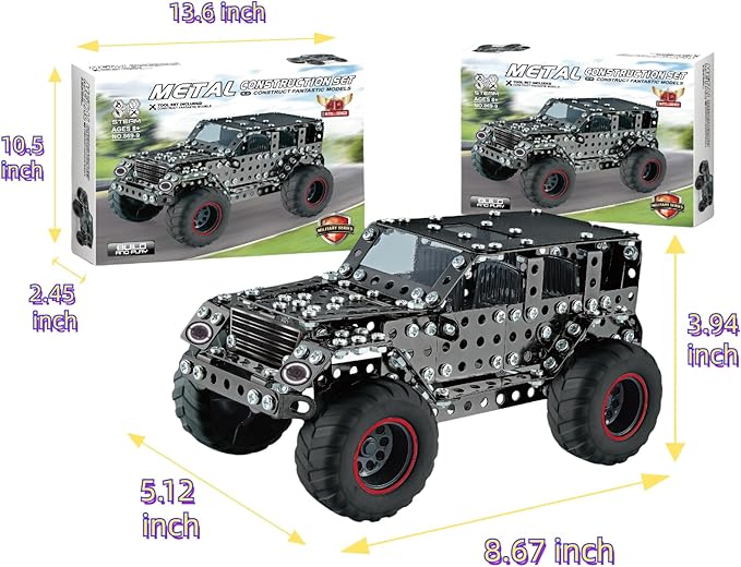 Metal Truck Building Assembly Toy 496PCS STEM Project Building Erector Sets Off-Road Car Model Kit Metal Construction Set Model Car Building Toy for Kids Ages 8+ (Off Road Car)