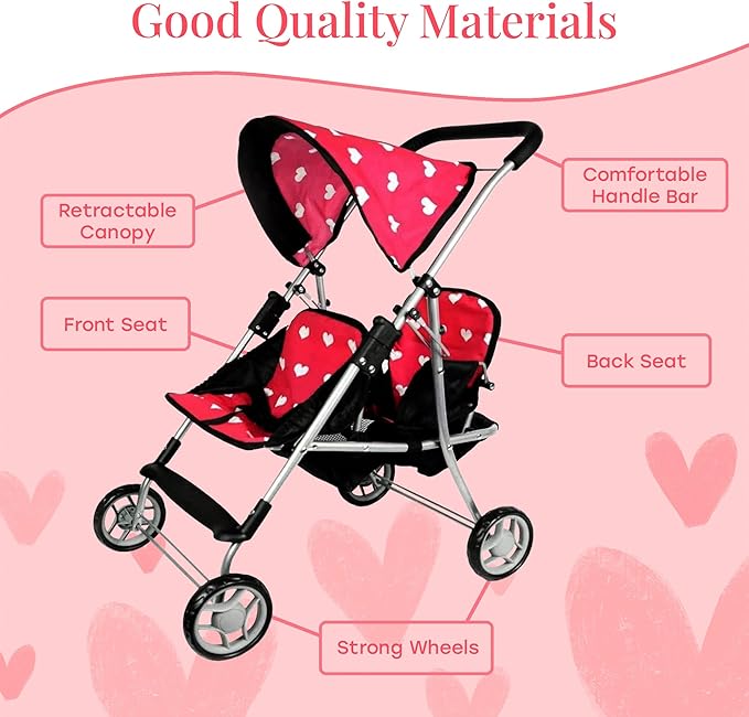My First Doll Twin Stroller - Cutest Heart Design Doll Twins Stroller - Great Toy Gift for Girls