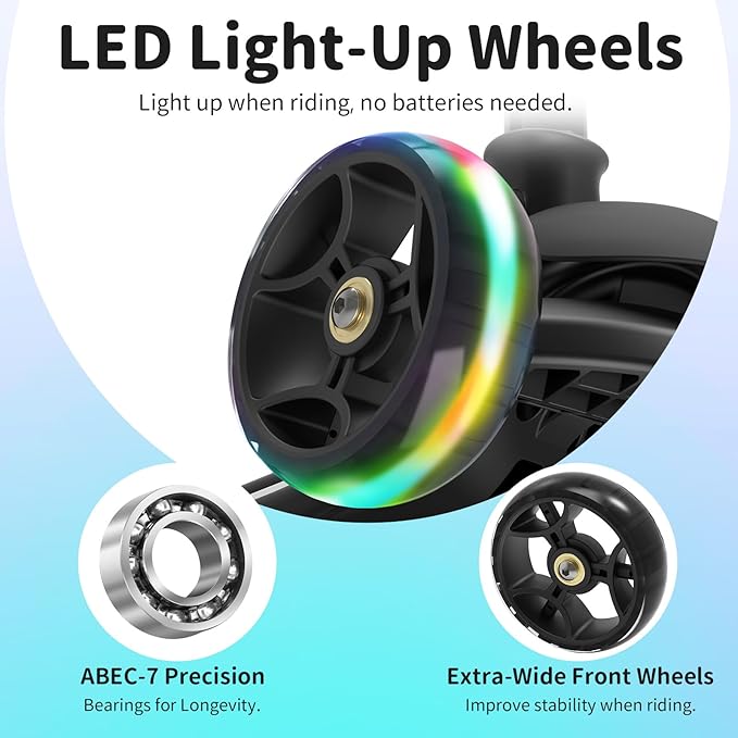 BELEEV A9 Kids Scooter with LED Light-Up Wheels & Deck, 3 Wheel Folding Scooter for Toddlers Girls Boys Ages 3-12, Adjustable Handlebar, Lean to Steer, Extra-Wide Wheels, Kick Scooter for Children