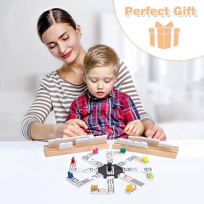 Mexican Train Double 12 Dominoes Set - 91 Tiles with 4 Wooden Trays & Travel Case, Family Board Game for Adults Kids Party Travel