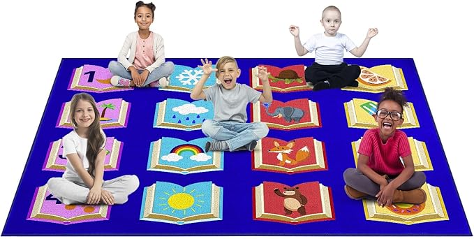 Educational Classroom Rug 6'5"x8'5" Blue Carpet with 16 Seats Reading Books Kids Playmat Non Slip Seating Rug for Elementary, Preschool, Nursery, Kids Room
