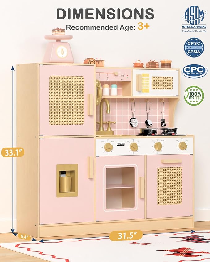 Babytronic Wooden Kitchen Playset for Kids, Pink Pretend Play Kitchen with Lights & Sounds, Retro Style Toy Kitchen for Toddlers Ages 3+, Wooden Play Kitchen Set with Realistic Design (Pink)