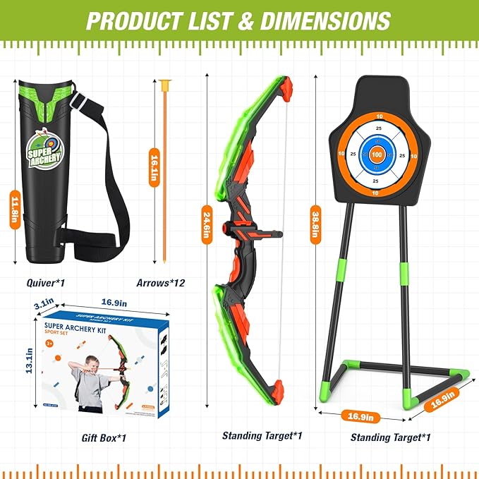 Bow and Arrow for Kids, LED Light Up Archery Set with 12 Suction Cup Arrows, 1 Standing Target, 3 Score Targets & 1 Quiver, Indoor Outdoor Sport Gifts for Boys Girls Ages 4-12, Green