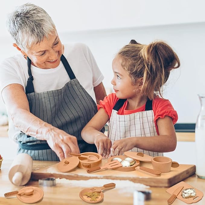 Play Kitchen Accessories Montessori Wooden Toys Kids Kitchen Set Cookware Plates Dishes Pots Pans Cooking Playset 15 Pieces Sensory Toys for Toddlers Girls Boys With Storage Bag